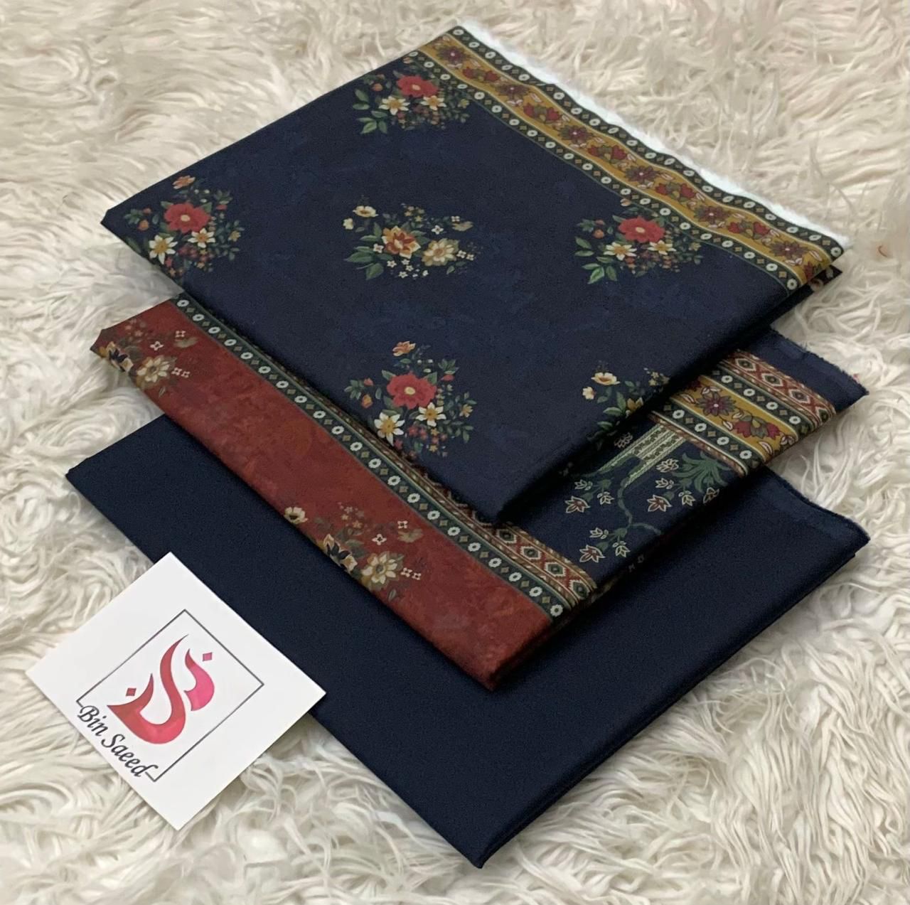 Elegant Navy Blue Floral Printed 3 Piece Lawn Suit
